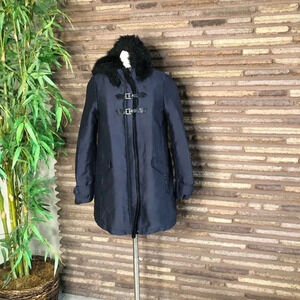 Zara Navy Blue Full Zip Faux Fur Trim Hood Lined Duffle  Coat Small
